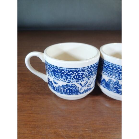 2 Vintage Blue WILLOW WARE Pottery Coffee Cups - Stackable Mugs - Made In USA - Picture 2 of 10